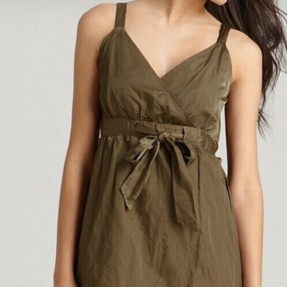 Eileen Fisher dress Steel Satin Faux Wrap Surplice Olivine NEW sz 10 - Picture 4 of 9